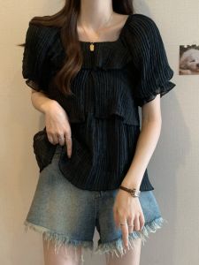 Flounce Sleeve Doll Shirt Square Collar Short Sleeve Chiffon Shirt Summer plus Size Womens Fashionable Top Waist Cinched