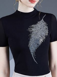 Áo Thun Nữ Tay Ngắn Cổ Cao Thời Trang Mùa Hè Thu Mới Trong Áo Lưới Đính Đá Nhún Bèo Nhún Bèo Nhún Áo Nhún Bèo Nhún