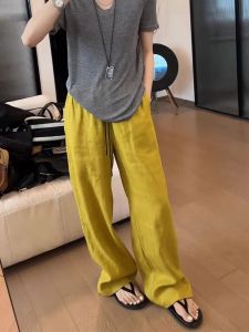 Yellow Linen Wide Leg Casual Pants Womens Autumn New Large Size Pear Shape Small Height Drapey Floor-Length Straight Leg Pants