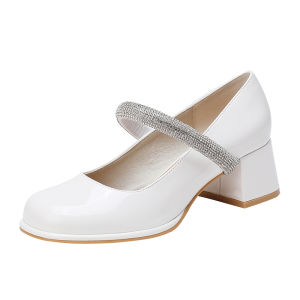 รองเท้าแมรี่เจนฝรั่งเศสขนาดใหญ่รองเท้าส้นสูงเท้ากว้าง Rhinestone ส้นหนา ผู้หญิง รองเท้าแฟชั่นเดี่ยวกว้างพิเศษไขมันพิเศษ