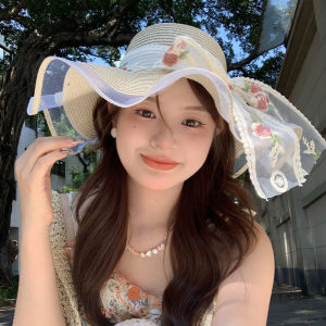 French Lace Butterfly Knot Straw Hat Womens Summer Beach Sand Big Brim Sunshade Fisherman Hat Elegant Style round Top Cap