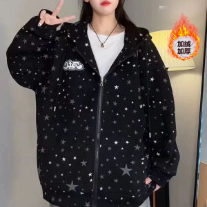 Áo Khoác Nỉ Trùm Đầu in Họa Tiết Đường Phố Mỹ Cho Nữ Áo Khoác Ngoài Có Khóa Kéo Áo Khoác Ngoài Đa Năng Thời Trang Thường Ngày