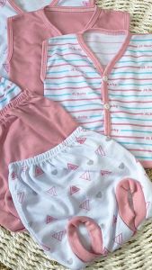 Paket 6Pcs Setelan Baju Bayi Baru Lahir & Celana Pop Baby Newborn Gift Set Seri Dusty Pink