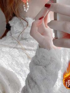 chaqi | Áo sơ mi trắng lót lông cừu dài tay ren cổ cao thời trang thu đông cho nữ áo lót phong cách Hàn Quốc thường ngày màu trơn