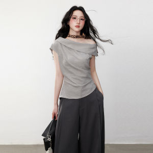 Elegant French Style Pleated Waist T-Shirt Shoulder Bared Asymmetrical Design Turn-down Collar Slim Fit Summer Top for Women