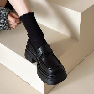 Black Thick Heel Chunky Sole Womens Shoes British Style Spring Autumn Slip-On Loafers round Toe Rubber Outsole Fashionable