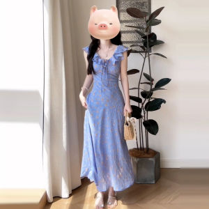 BeautyMark | French Blue Floral Print Strapless Dress Women Summer New Unique Beautiful Long A-Line Skirt Style High Waist No Sleeve V-Neck