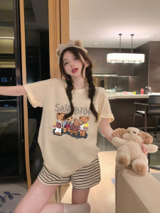 ชุดนอนผู้หญิง ชุดนอนแขนสั้นหลวมๆ สไตล์การ์ตูน ลายหมี ชุดนอนฤดูร้อน ผ้าฝ้ายแท้ แขนสั้น คอกลม ชุดนอนสำหรับใส่ในบ้าน