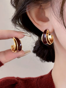 Pianist | Red Dripped Glaze Gold Rimmed Double Layer C Earrings S925 Silver Hooks