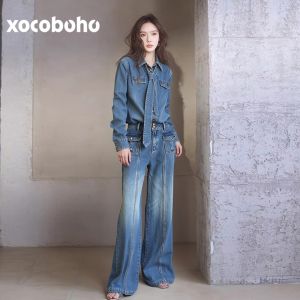 xocoboho | Fashionable & Stylish Denim Shirt Wide Leg Pants Set
