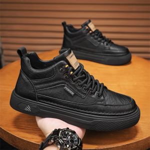 Full Black High Top Mens Shoes 2025 New Autumn Casual Sports Business Martin Boots Leather Upgraded Version Breathable Mesh
