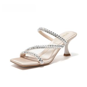Saturday Womens High Heel Slippers Summer New Outdoor Wear Open Toe Strappy Sandals Elegantly Cool Casual Slip-On Shoes