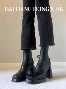 Womens Short Martin Boots High Heel Thick Bottom Chunky Sole Retro Square Head Sheepskin Boots Autumn Winter Fashion Boosting Slimming Boots