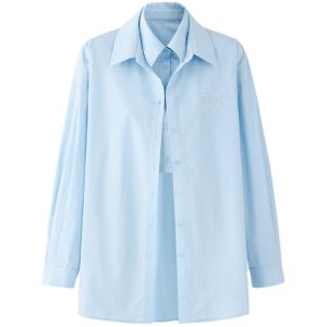 La Lune Du Ciel Blue Loose Womens Shirt And Shorts Set Design Sense Fake Two-Piece Polo Collar Long Sleeve Cotton Button-Up