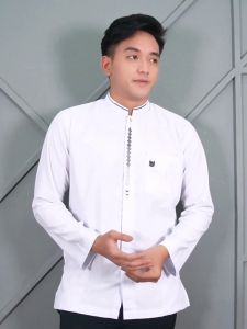 Baju Koko Pria Dewasa Putih Lengan Panjang Atasan Muslim Bordir Simple Katun Toyobo M L XL XXL