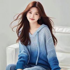 ดาลา ลัง ไล่โทนสีบล็อก มีฮู้ด เสื้อผ้าถัก ผ้าขนสัตว์ 100 แขนยาว คอกลม ความยาวปกติ หวาน สไตล์ ผู้หญิง เสื้อสเวตเตอร์