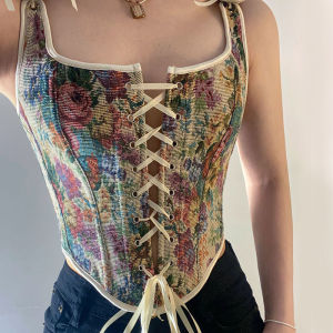 Street Style Fishbone Corset U-Neck Strap Vest Slim Fit Short Length Womens Summer Fashion Belted Waist Chest Shirt