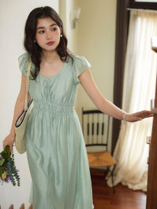 Solighter French Style Green Linen Dress with Flying Sleeves Womens Summer Waist-Cinching Long Dress Retro Commute Dress