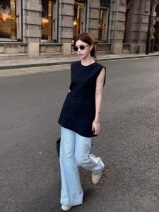 VKSOD | Korean Style Sleeveless Back Single Button Vest Top Womens Summer Blue Loose Jeans Two-Piece Set Round Neck Long Pants