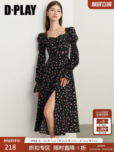Dplay Black Vintage Long Sleeve Womens Dress with Ruffle Hemline And High Collar Mid-Length A-Line Gown for Autumn Season