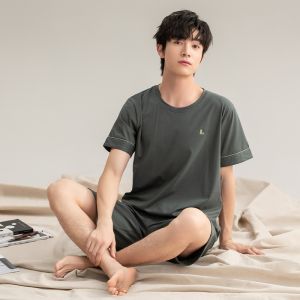 MiiOW | Mens Summer New Casual Lightweight Short Sleeve Long Pants Pure Cotton Pajamas Set Comfortable Skin-friendly Home Clothes