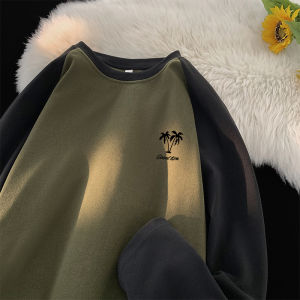 เสื้อยืดคอกลมแขนยาวผ้าขนแกะสองด้านสำหรับผู้ชาย ทรงหลวมสบาย ๆ อบอุ่นในฤดูหนาว เสื้อชั้นในแบบสวมหัว