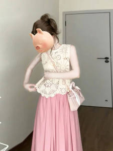 CHANGTONG | Bộ váy ren thời trang mùa hè hai mảnh Áo cổ tròn cotton áo trên quần áo dài tay chất liệu cotton phong cách mới cho nữ