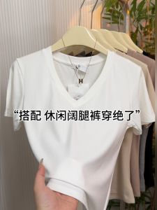 Slim Fit White V-Neck Short Sleeve T-Shirt Womens Summer New Style Casual Straight Cut Basic Solid Color Commute Fashion