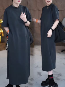 Women's Round Neck Short Sleeve T-Shirt Dress & Summer Loose Belly Covering Fashion Straight Tube Skirt