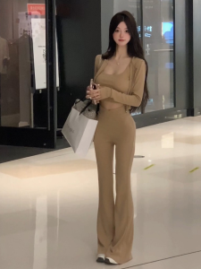 Spring Autumn 2025 Womens Casual Slim Fit Strap Cardigan Flared Pants Three Piece Set Fashionable Body Shape Highlighting Sportswear