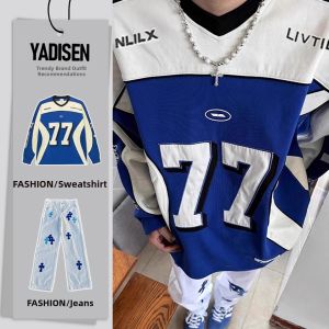 American Retro Hiphop Contrast Basketball Sweater Mens Fall Wear V-neck Full Set