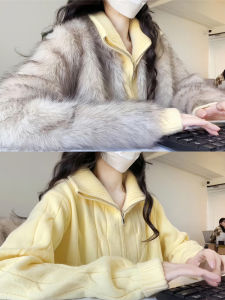 เสื้อคาร์ดิแกนถักคอวีแบบมีซิปสองชั้นสำหรับผู้หญิง ฤดูใบไม้ร่วง/ฤดูหนาว ทรงหลวม แขนยาว ปกติ ปกติ