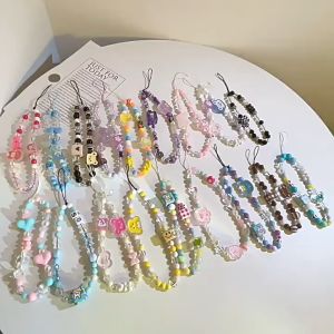 Creative Fashion Mobile Phone Chains Flower Heart Love Bead Chain Phone Strap Keychain Bag Pendant