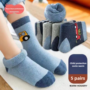 5 Pairs Kids Winter Socks Thick Warm Fleece Lined Mid Crew Socks for Boys Girls Non Slip Floor Socks