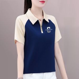 Summer 2024 Womens Short Sleeve Polo Shirt Casual Sporty Half Zip T-Shirt Trendy Polyester Fiber Thin Material Korean Style