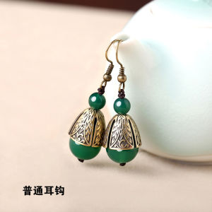 Elegant Green Agate Earrings Holeless Ethnic Style Vintage Jewelry for Women Rainy Jiangnan Brand Fashionable Accessory