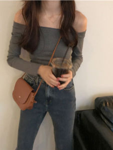 Áo Len Dệt Kim Ôm Vừa Vặn Màu Đen Ngắn Tay Dài Mùa Thu Cho Nữ Áo Khoác Ngoài Hở Vai Màu Xám Thời Trang