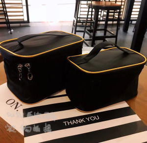 Korean Womens Cosmetic Bag Large Capacity Cosmetics Bag Minimalist Black Gold Rim Large and Medium Size Portable Waterproof Travel Toiletry Bag