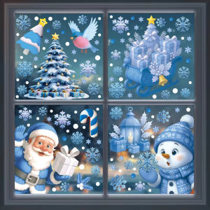 Santa Claus Stickers Blue Snowman Window Decorations Glass Static Stickers Christmas Decorations Snowflake Window Stickers