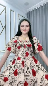 Marimar Chelsea - Pakaian Wanita Long Dress Lengan Pendek Smok Depan-belakang Pita Katun Rayon