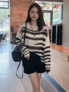 New Womens Long Sleeve Striped Knitwear Loose Sun Protection Top Fashionable Lazy Style Hollow out Cover up Summer Autumn