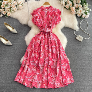 Elegant Floral Print A-Line Dress Stand Collar Slim Fit Summer High Waist Gentle Wind Korean Style Short Sleeve Midi Dress