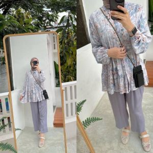Vikaa Blouse One Set Rayon Diamond Premium Celana Crinkle Airflow Busui Friendly