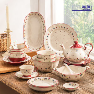 SOLECASA Ceramic Tableware Pastoral Style Rice Soup Bowl Fruit Salad Bowl Dish Pasta Dessert Plate Dinnerware Table Decoration