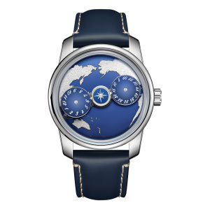 OBLVLO Top Luxury Earth DIal Transparent Automatic Movement Mens Watch Blue NIghtlight Leather Mechanical Watches Rejos JM-EARTH