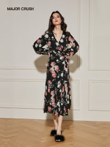 Stylish Slimming Black Floral Retro French Style V-Neck Dress