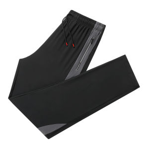 Mikason Mens Summer Thin Zipper Air Conditioning Ice Silk Pants Casual Loose Long Sports Trousers Straight Leg Elastic Waist