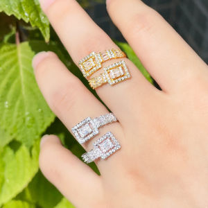 SEQUITO Unique Golden Silvery Ladies Open Hollow Adjustable Ring Full Pave AAAAA Cubic Zirconia Rectangle Finger Jewelry Dancing Party Accessories SR116