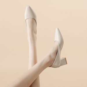 หนัง Chunky Heel รองเท้าเดี่ยวสําหรับผู้หญิง ฤดูใบไม้ผลิ ฤดูใบไม้ร่วง ใหม่ นุ่ม หนัง รองเท้าทํางาน ทางการ Professional Air Stewardess รองเท้าส้นสูง