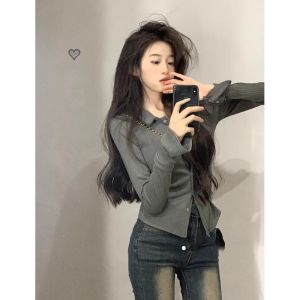 Korean Style Long Sleeve Slim Fit Womens Shirt Early Autumn 2024 New Style Commute Polo Collar Regular Length Inner Wear Top